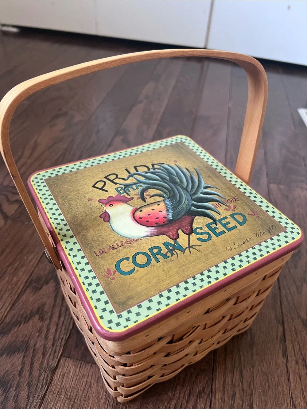 Woven vintage Chicken Feed Basket with Decorative Rooster Lid by Susan Winget